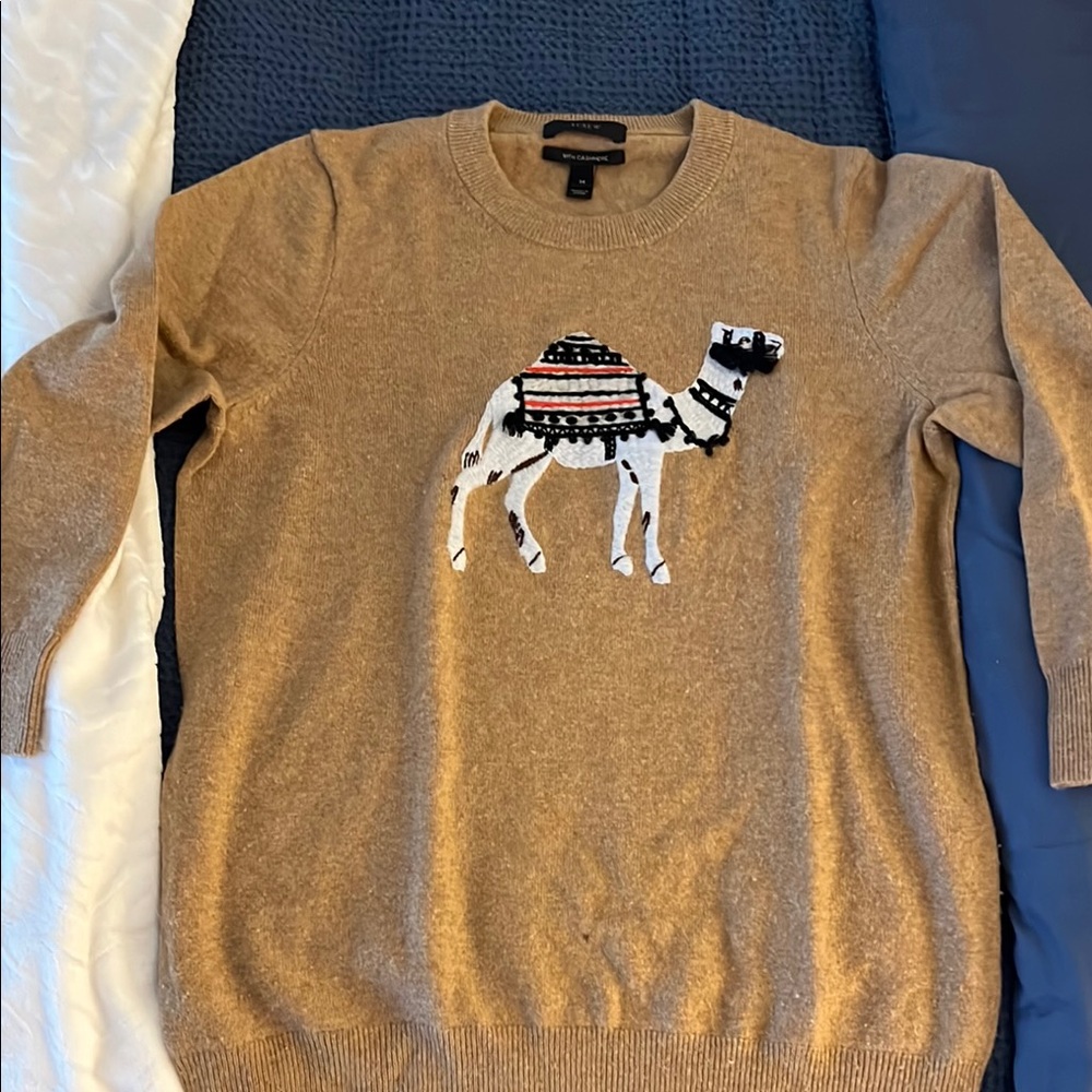 J. Crew Tan Crew Neck Sweater with Bold Camel Design